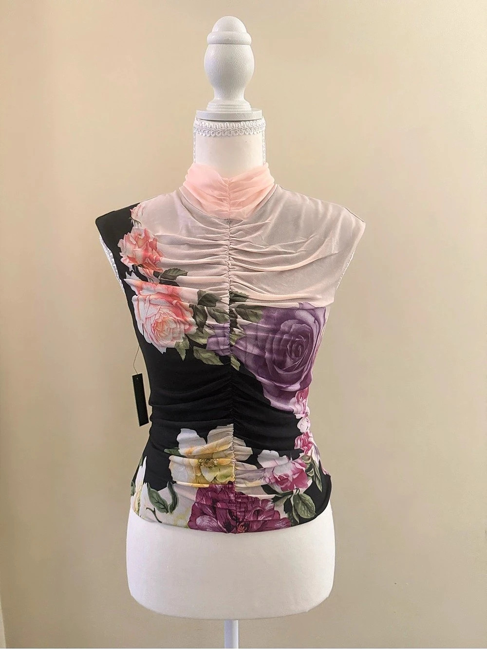 AFRM Desi Ruched Mesh Top Floral Mesh Black & Pink Size Small